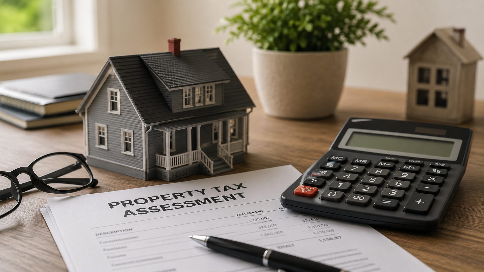 Model home, calculator, and a property tax assessment form on a desk, representing how NJ property taxes are calculated