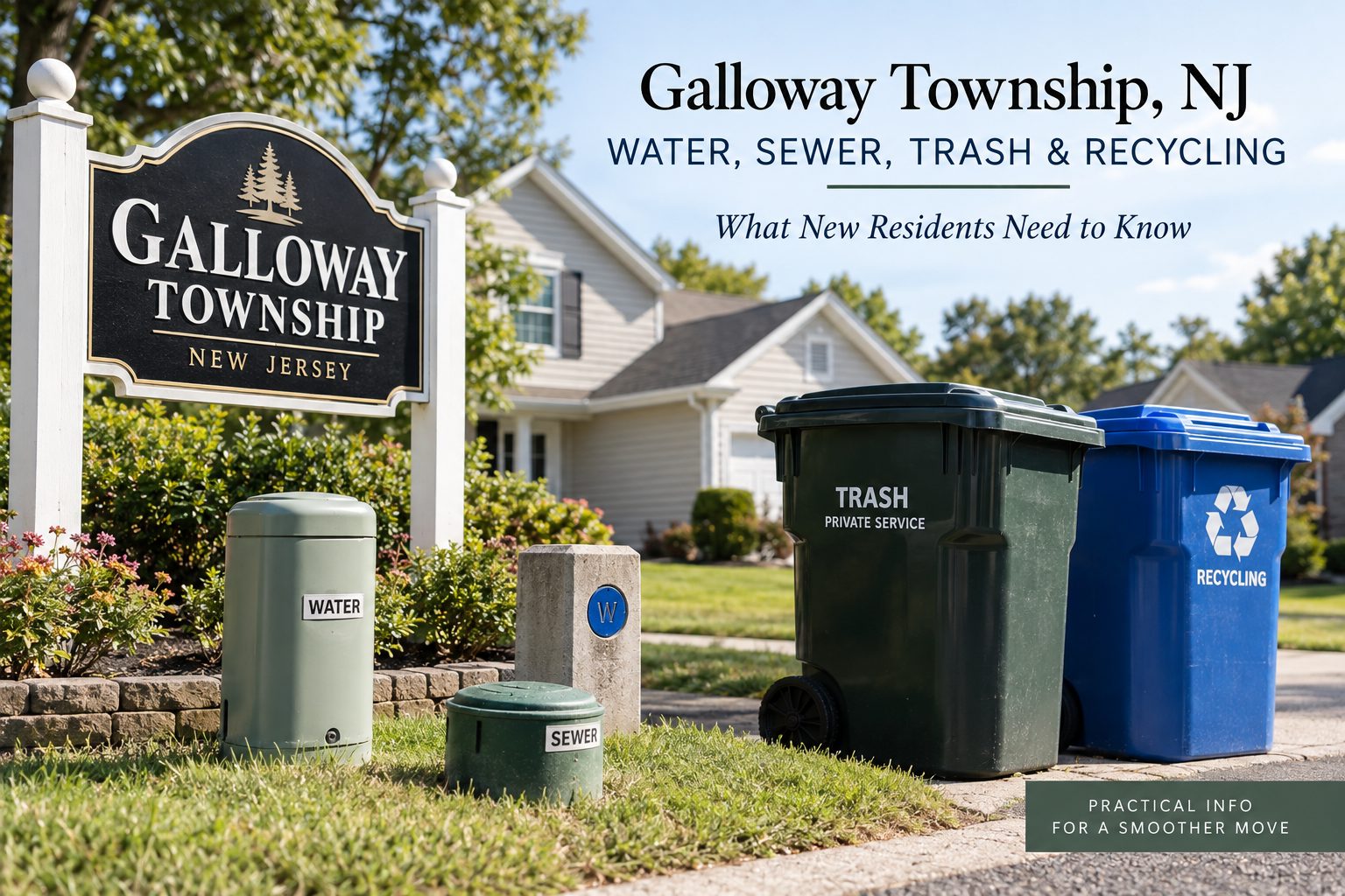 Galloway Township, NJ water meter, sewer cleanout, and trash and recycling bins outside a home