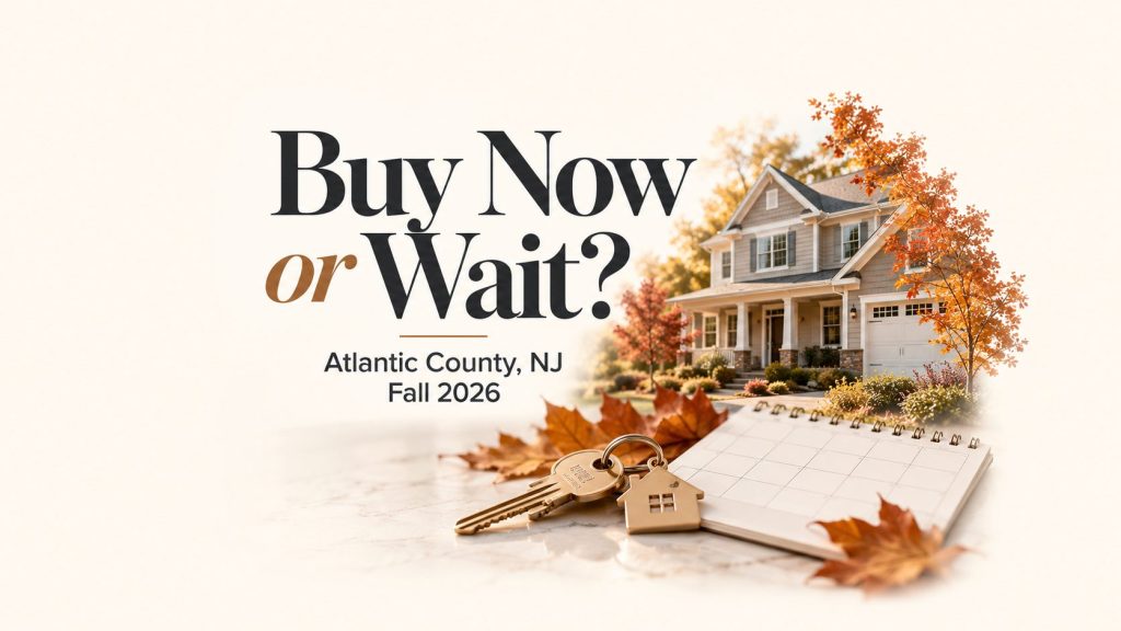 Buy Now or Wait? Atlantic County, NJ, Fall 2026 title graphic with a house, autumn leaves, house keys and a calendar